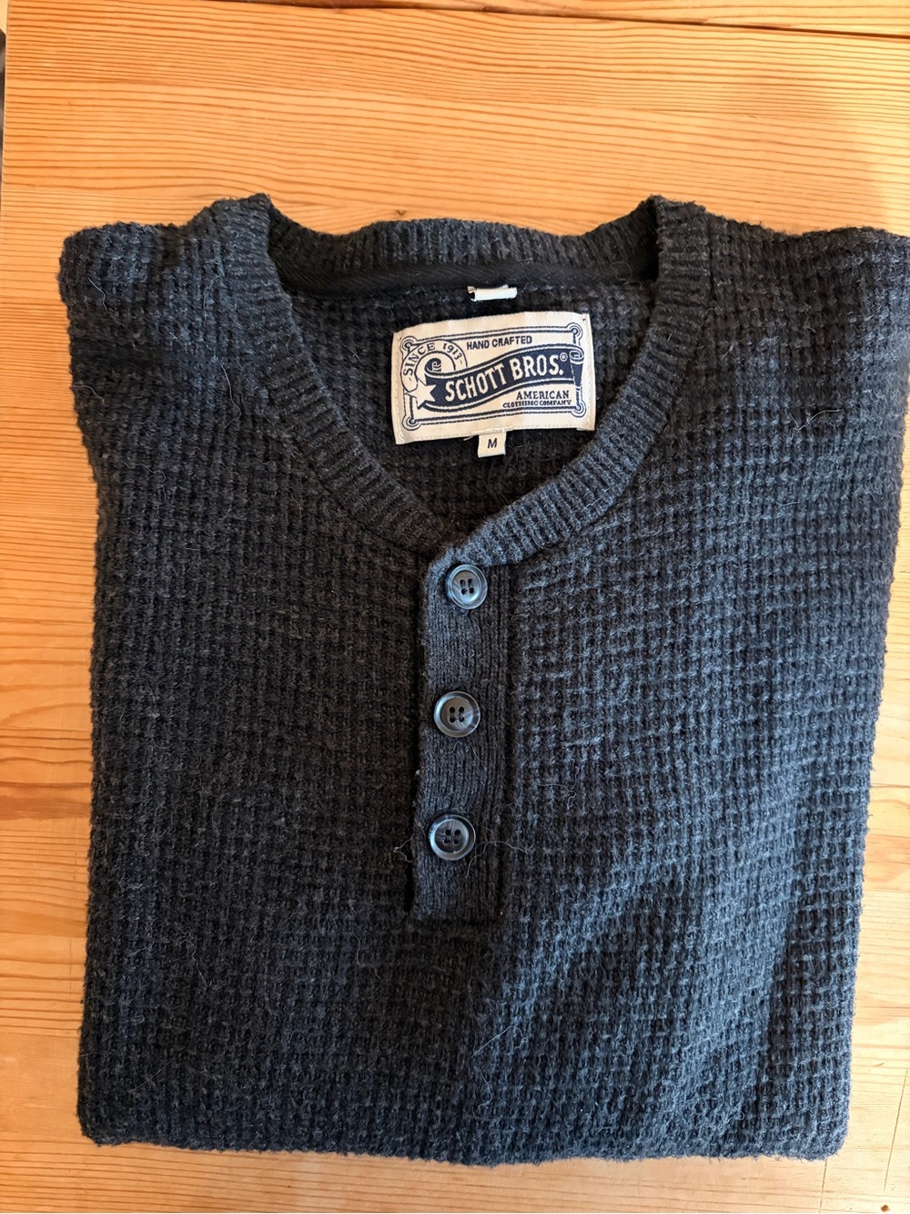 Schott Bros Men’s Charcoal Waffle Henley Crewneck Sweater